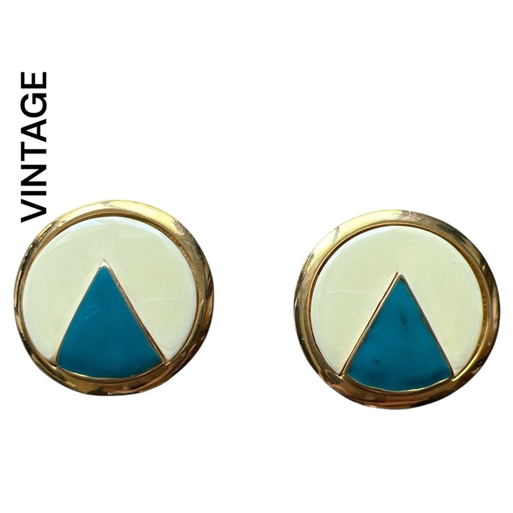 80s Blue and Cream Geometric Clip-on Earrings Nautical - Picture 3 of 7